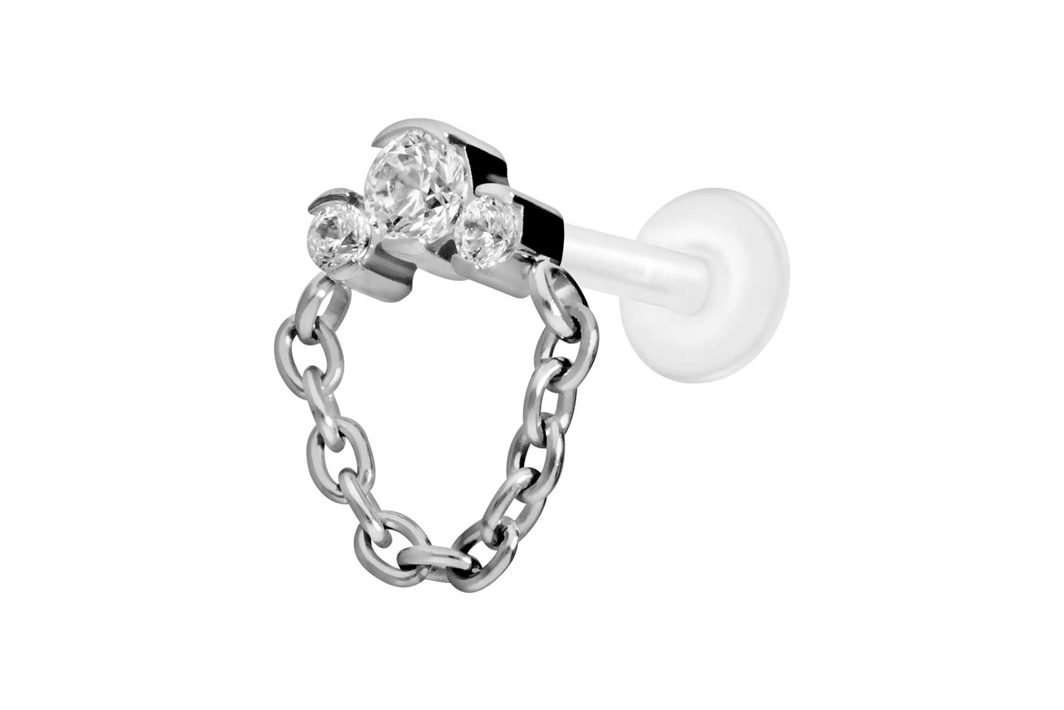 PTFE Labret Piercing mit Innengewinde + Titan-Aufsatz 3 EINGEFASSTE KRISTALLE + KETTE